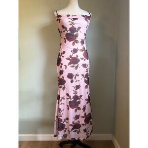 Y2K Pink Floral Mesh Maxi Dress Red Rose Lace Up Open Back M whimsi boho dainty